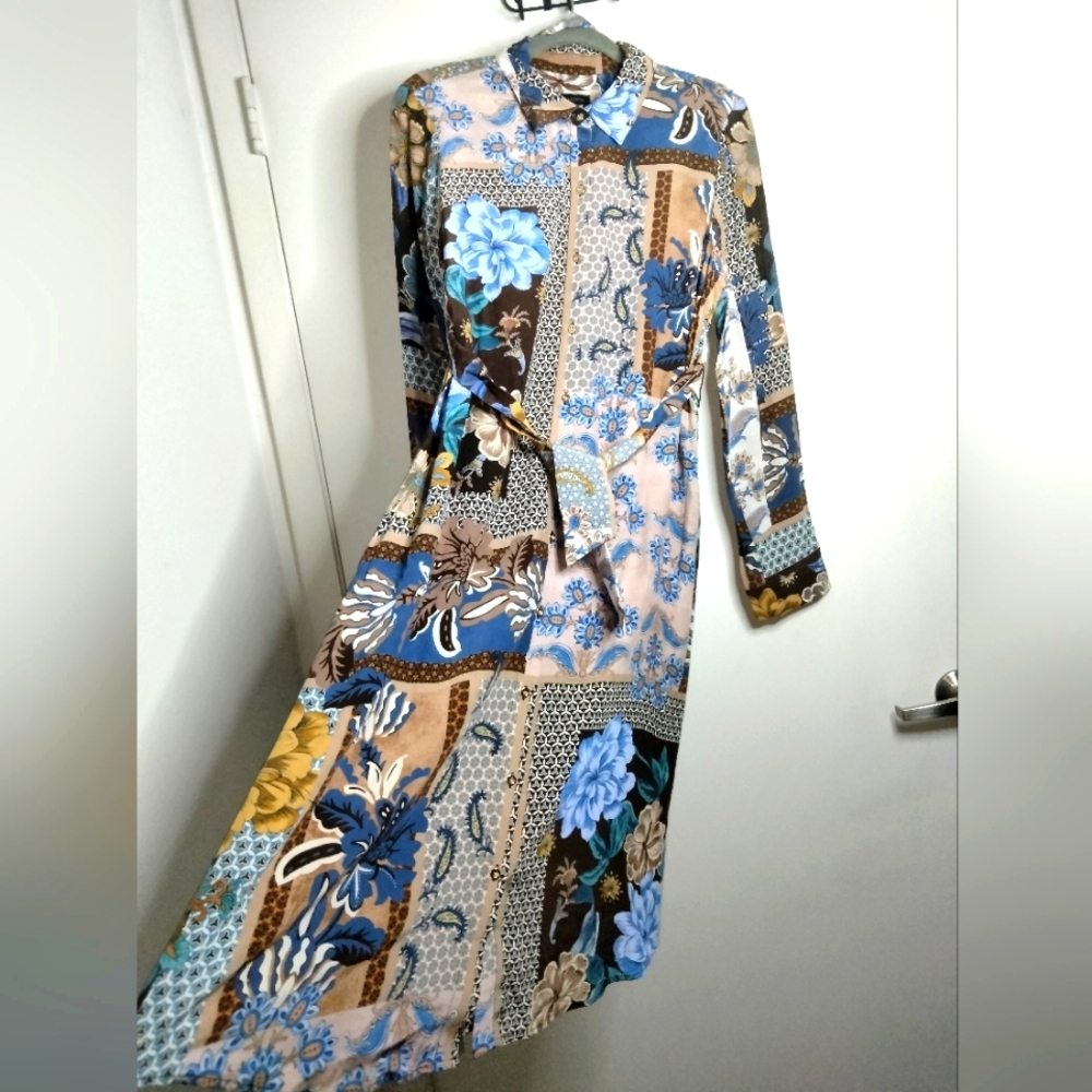 Talbots (Size 8) Multicolored Floral Patchwork Button Down Front LS Belted Dress